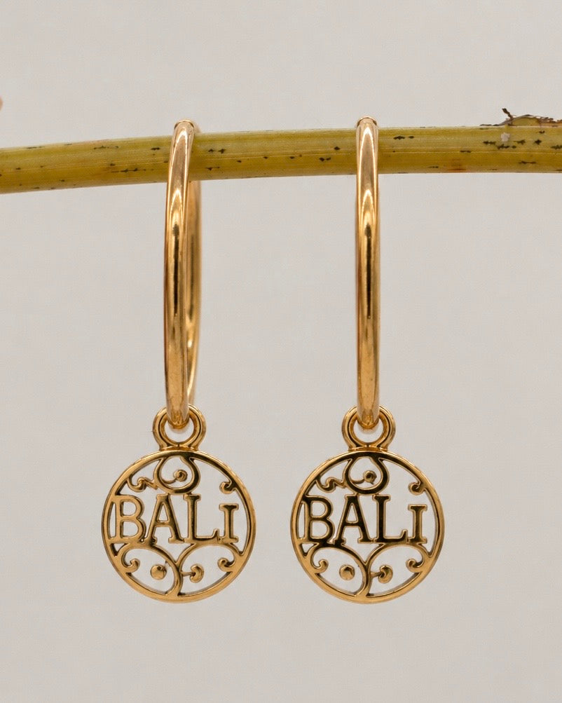 Charm Earrings featuring gold-tone hoops with delicate circular pendants engraved with the word "BALI" and intricate ornamental designs, hanging from a natural twig.