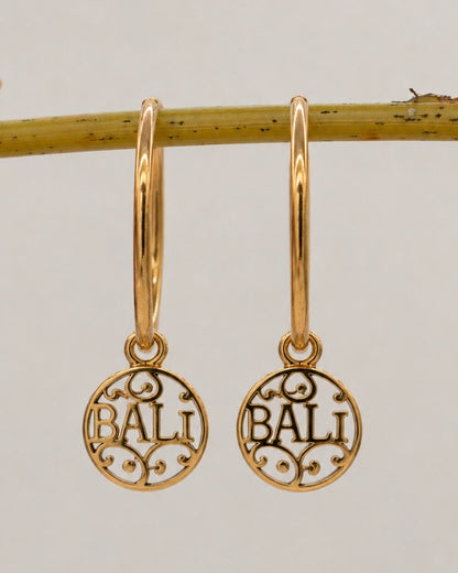Charm Earrings featuring gold-tone hoops with delicate circular pendants engraved with the word "BALI" and intricate ornamental designs, hanging from a natural twig.
