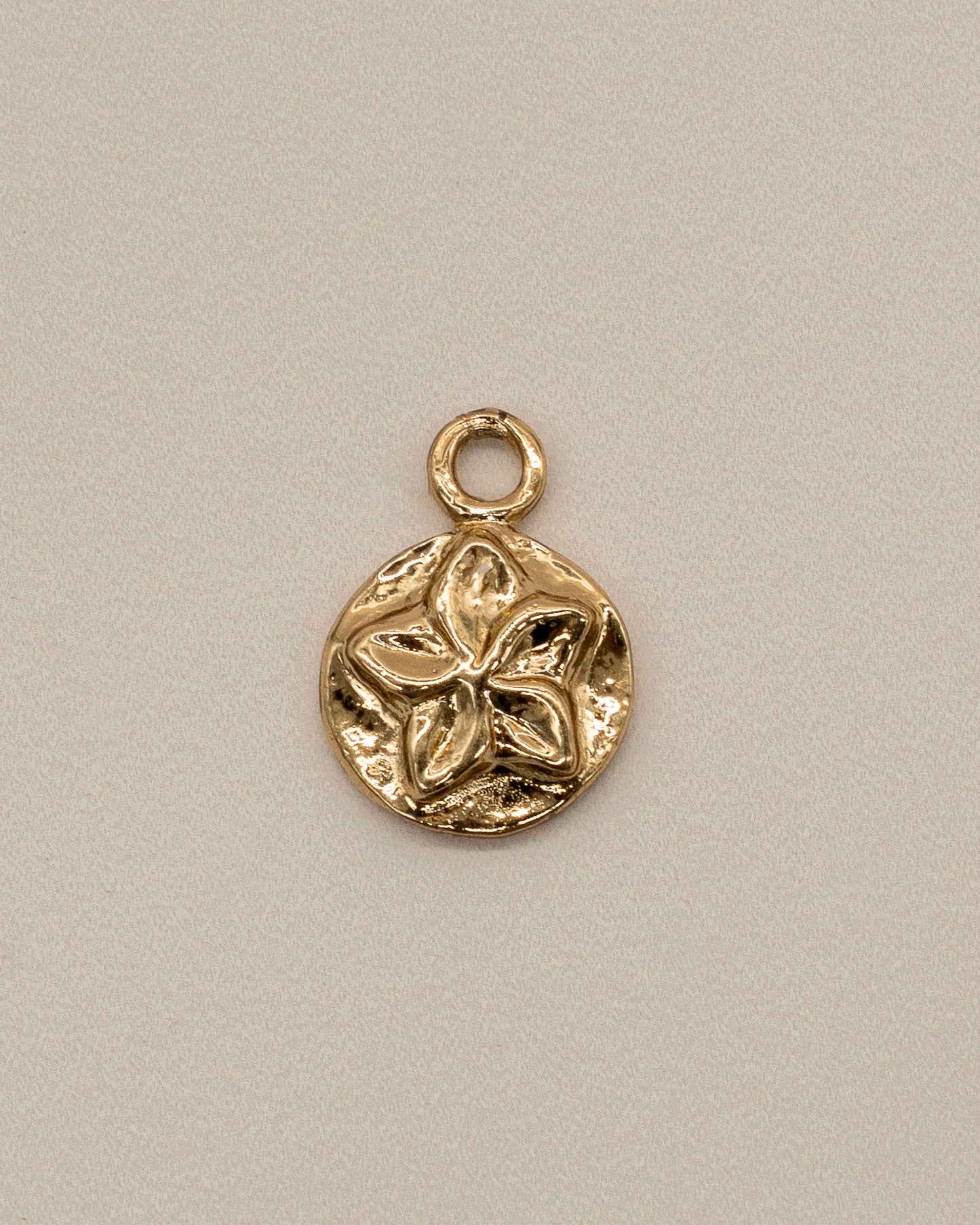 Close-up view of a small, textured gold charm featuring a raised floral design, part of the Charm Earrings collection.