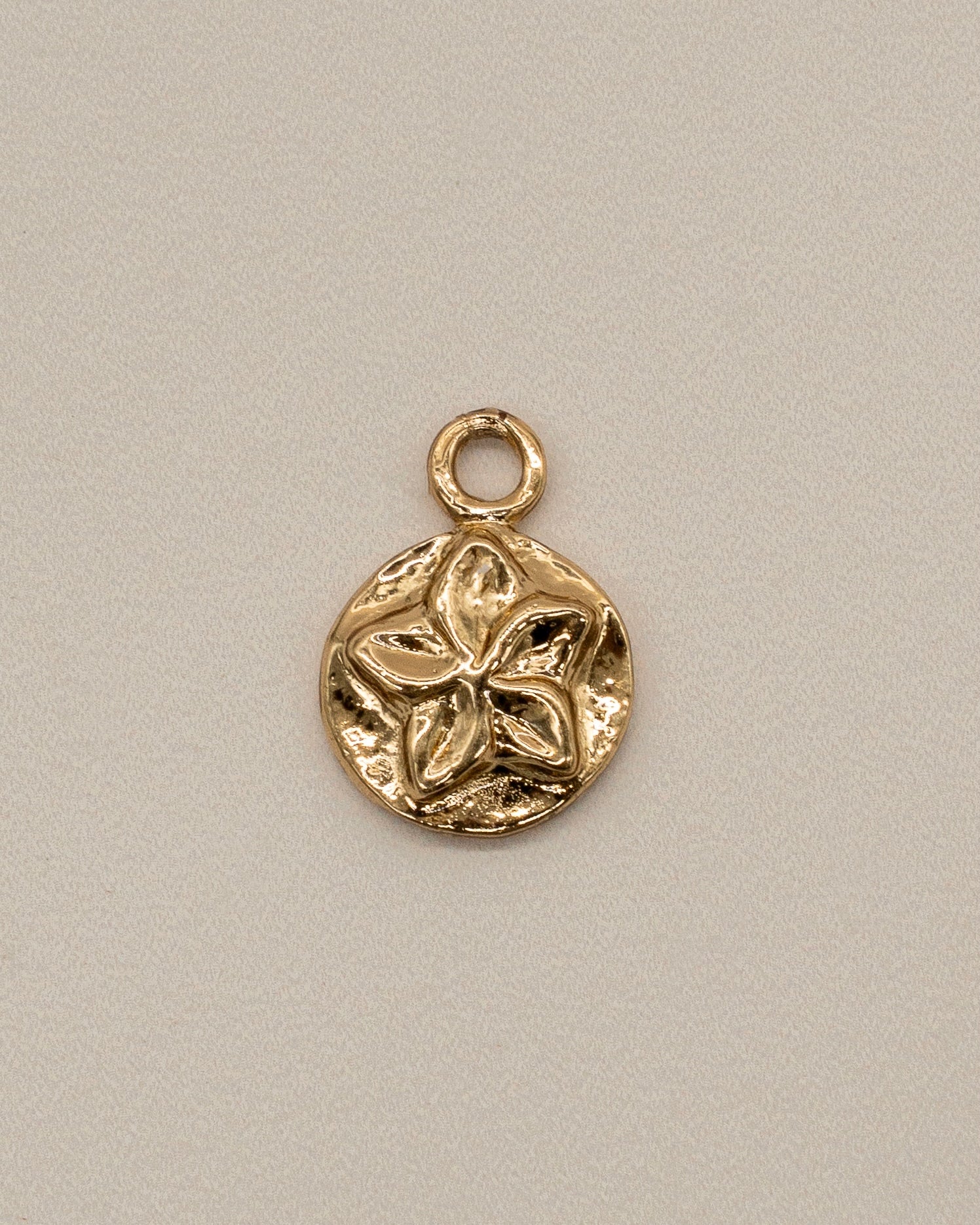 Close-up view of a small, textured gold charm featuring a raised floral design, part of the Charm Earrings collection.