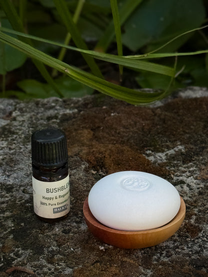 White smooth Scent Pebble resting on a wooden dish next to a small bottle of pure essential oil on a natural stone surface with green foliage background.