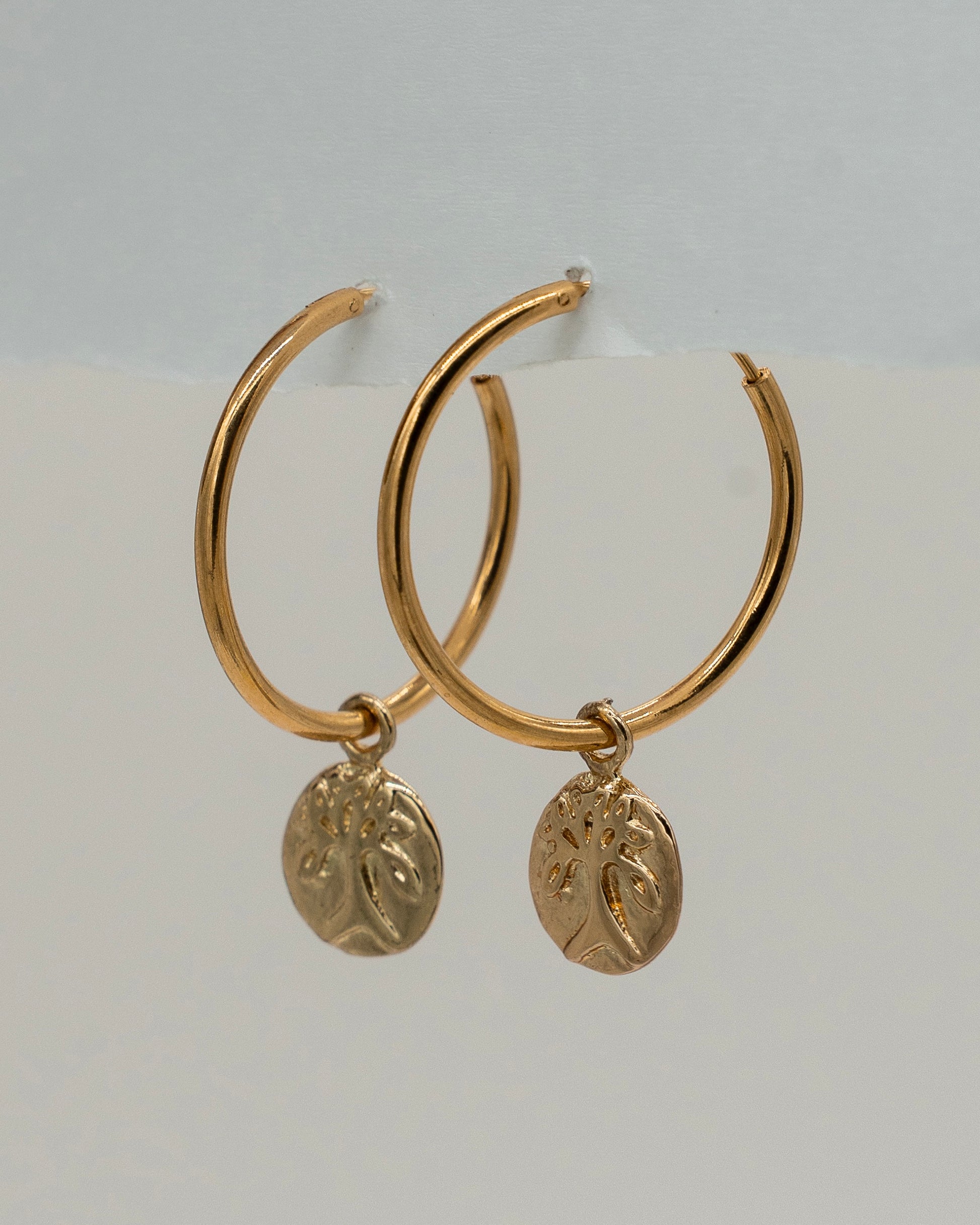 Gold hoop earrings with circular pendants on a light gray background