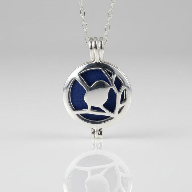 Silver locket with blue interior on a white background